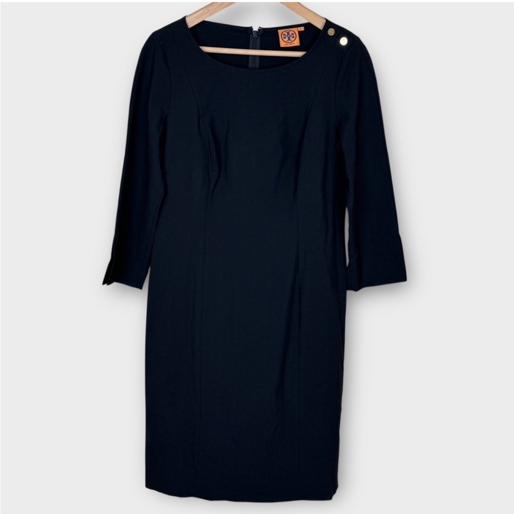 Tory Burch Wool Classic Black Long Sleeve Sheath Gold Logo Dress sz 12